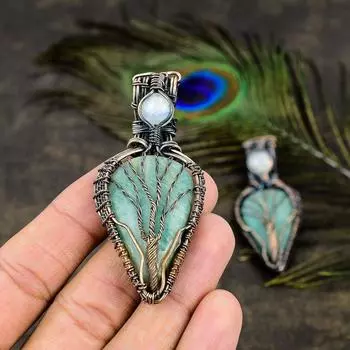 Подвеска из медной проволоки с натуральным амазонитом и лунным камнем, длина 2,44 дюйма, A1s47