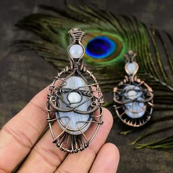 Подвеска из медной проволоки с натуральным синим кружевным агатом и лунным камнем, 3,35 дюйма, r9Z92