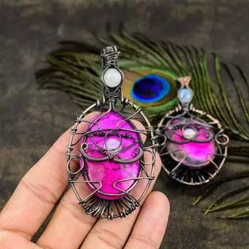 Подвеска из медной проволоки с натуральным розовым дендритным и лунным камнем, 3,51 дюйма, F2s50