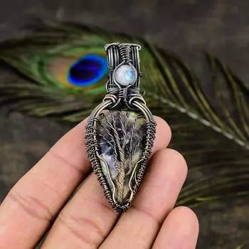 Подвеска из медной проволоки с натуральным русским чароитом и лунным камнем, длина 2,76 дюйма, W5H19