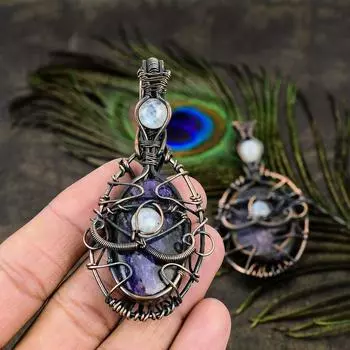 Подвеска из медной проволоки с натуральным русским чароитом и лунным камнем, длина 3,15 дюйма, e5n66