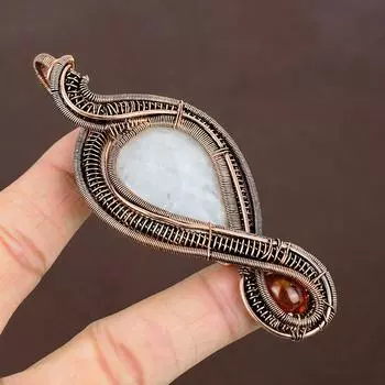 Подвеска из медной проволоки с натуральным радужным лунным камнем и янтарем, 3,74 дюйма L0A10