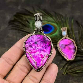 Подвеска из медной проволоки с натуральным розовым дендритным и лунным камнем, длина 2,99 дюйма, K6G76