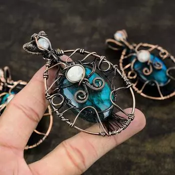 Подвеска из медной проволоки с натуральным синим лабрадоритом и лунным камнем, длина 3,35 дюйма, D6e18