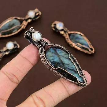 Подвеска из медной проволоки с натуральным лабрадоритом и лунным камнем, длина 2,95 дюйма, C8N25