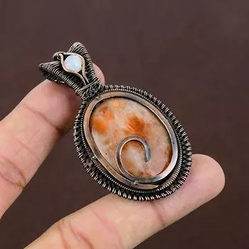 Подвеска из медной проволоки с натуральным оранжевым сколецитом и лунным камнем, длина 2,36 дюйма, G9O12