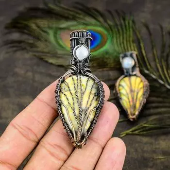 Подвеска из медной проволоки с натуральным желтым дендритным лунным камнем и драгоценным камнем, длина 2,56 дюйма, E4h81