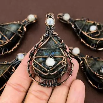 Подвеска из медной проволоки с натуральным лабрадоритом и лунным камнем, длина 2,96 дюйма, V5k63