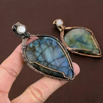 Подвеска из медной проволоки с натуральным лабрадоритом и лунным камнем, длина 3,15 дюйма, i6H05