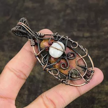 Подвеска из медной проволоки с натуральным родохрозитом и лунным камнем, 3,39 дюйма, F4m19