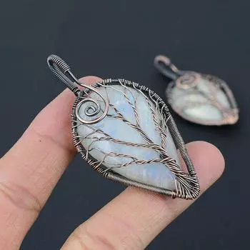 Подвеска из медной проволоки с натуральным древом жизни, радужным лунным камнем, 2,76 дюйма, U7N81