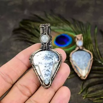 Подвеска из медной проволоки с натуральным дендритным опалом и лунным камнем, 2,56 дюйма, S7I28