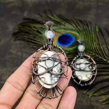 Подвеска из медной проволоки с натуральным дендритным опалом и лунным камнем, длина 3,47 дюйма, m4R55