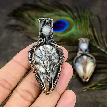 Подвеска из медной проволоки с натуральным дендритным опалом и лунным камнем, 2,80 дюйма, n6T65