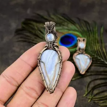Подвеска из медной проволоки с натуральным синим кружевным агатом и лунным камнем, длина 2,76 дюйма, O8R93