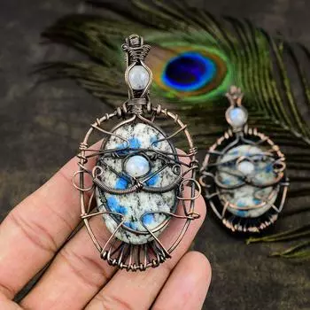 Подвеска из медной проволоки с натуральным азуритом K2 и лунным камнем, 3,55 дюйма, A8J36