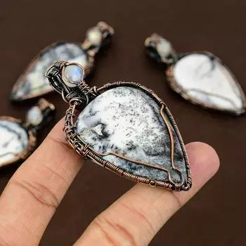 Подвеска из медной проволоки с натуральным дендритным опалом и лунным камнем, длина 2,96 дюйма, l7N20