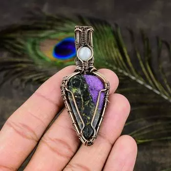 Подвеска из медной проволоки с натуральным пурпуритом и лунным камнем, длина 2,84 дюйма, H8I50