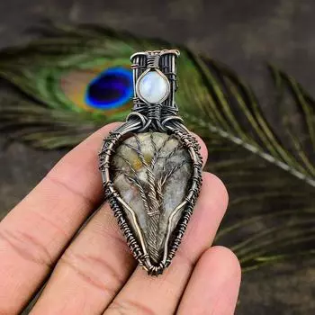 Подвеска из медной проволоки с натуральным кружевным агатом и лунным камнем, длина 2,84 дюйма m7Q50