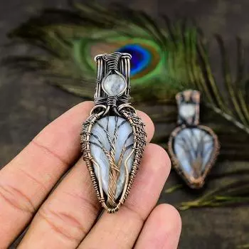 Подвеска из медной проволоки с натуральным синим кружевным агатом и лунным камнем, длина 2,76 дюйма, j9w33