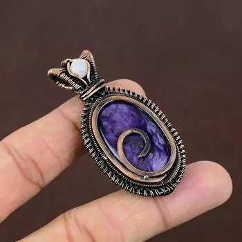 Подвеска из медной проволоки с натуральным русским чароитом и лунным камнем, 2,36 дюйма, f7r22