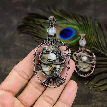 Подвеска из медной проволоки с натуральным сумасшедшим кружевом, агатом и лунным камнем, 3,27 дюйма e4b51