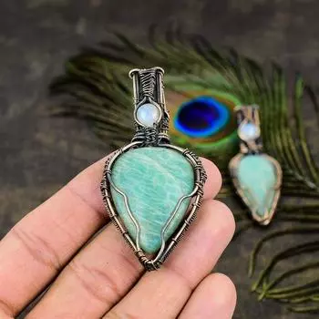 Подвеска из медной проволоки с натуральным амазонитом и лунным камнем, длина 2,64 дюйма, D3r56