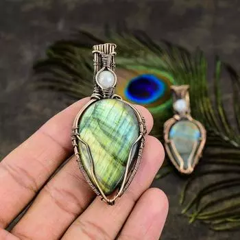 Подвеска из медной проволоки с натуральным лабрадоритом и лунным камнем, 2,68 дюйма, D0D56