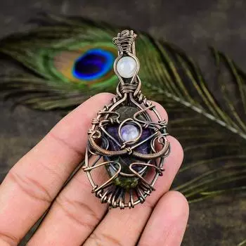 Подвеска из медной проволоки с натуральным русским чароитом и лунным камнем, 3,11 дюйма, F1g53