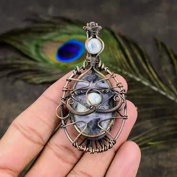 Подвеска из медной проволоки с натуральным камнем Тиффани и лунным камнем, длина 3,15 дюйма, L4y45