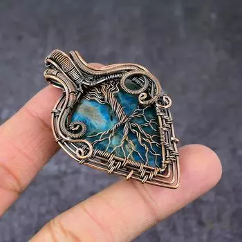 Подвеска из медной проволоки с натуральным неоновым синим апатитом «Древо жизни» 2,4 дюйма b4o73