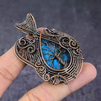 Подвеска из медной проволоки с натуральным неоновым синим апатитом «Древо жизни» 2,64 дюйма O3o12