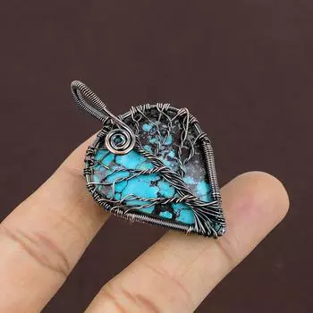 Подвеска из медной проволоки с натуральным тибетским бирюзовым камнем «Древо жизни» 2,2 дюйма C4Q19