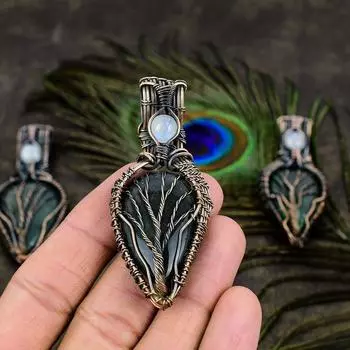 Подвеска из медной проволоки с натуральным лабрадоритом и лунным камнем, длина 2,64 дюйма, Z6s05