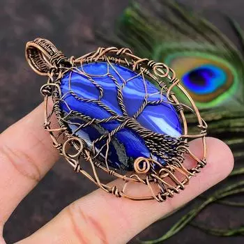 Подвеска из медной проволоки с натуральным аква-кружевным агатом и драгоценным камнем ручной работы 3,15 v4k69