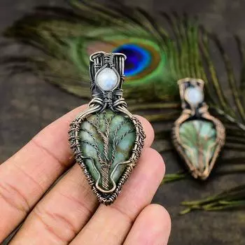 Подвеска из медной проволоки с натуральным хризопразом и лунным камнем, 2,72 дюйма, T4n45