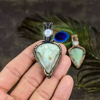 Подвеска из медной проволоки с натуральным хризопразом и лунным камнем, длина 2,56 дюйма, M2I21