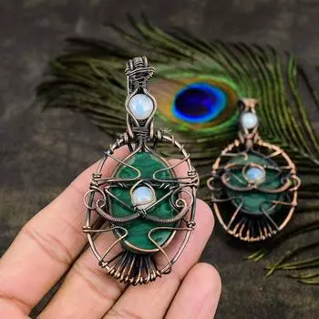 Подвеска из медной проволоки с натуральным малахитом и лунным камнем, длина 3,15 дюйма p5l25