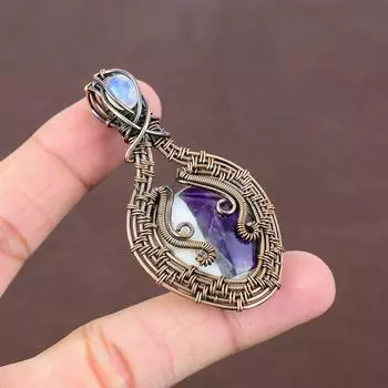 Подвеска из медной проволоки с натуральным шалфейным аметистом и лунным камнем, 2,64 дюйма, D7T12