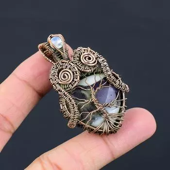 Подвеска из медной проволоки с натуральным древом жизни, аметистом и лунным камнем, 2,2 дюйма, D9C39