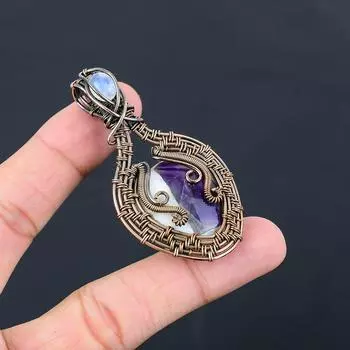 Подвеска из медной проволоки с натуральным шалфейным аметистом и лунным камнем, 2,64 дюйма, S5z76