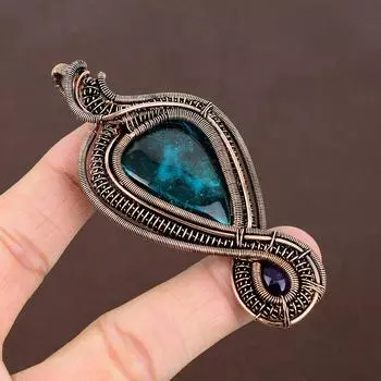 Подвеска из медной проволоки с натуральным синим балтийским янтарем и аметистом, 3,66 дюйма, A9M97