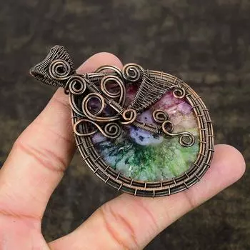 Подвеска из медной проволоки с натуральным радужным солнечным кварцем и медной проволокой 3,15 дюйма u5Z00