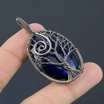 Подвеска из медной проволоки с натуральным Древом жизни Лондонский голубой топаз, 2,25 дюйма, A1J29