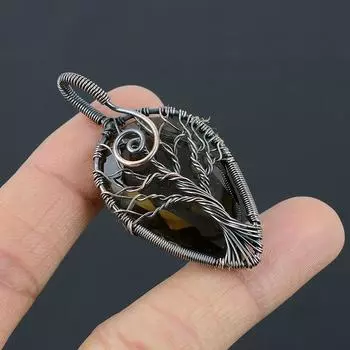 Подвеска из медной проволоки с натуральным дымчатым топазом и натуральным древом жизни, 2,36 дюйма, V4j67