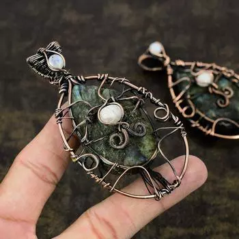 Подвеска из медной проволоки с натуральным лабрадоритом и лунным камнем, длина 3,55 дюйма, g0O77