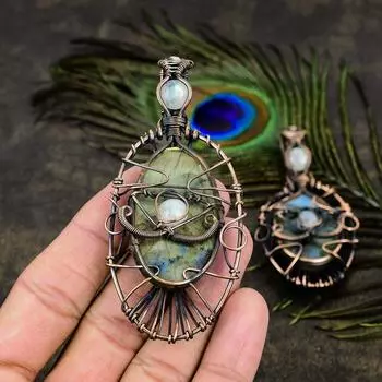 Подвеска из медной проволоки с натуральным лабрадоритом и лунным камнем, длина 2,44 дюйма, l7l74