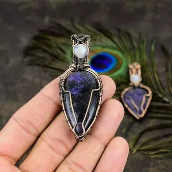 Подвеска из медной проволоки с натуральным русским чароитом и лунным камнем, 2,72 дюйма, F9C37