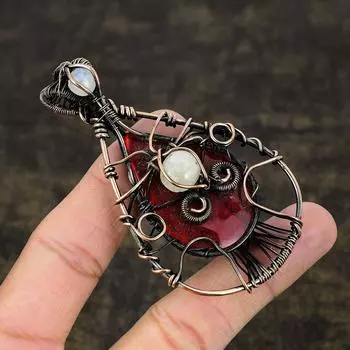 Подвеска из медной проволоки с натуральным красным лабрадоритом и лунным камнем, длина 3,23 дюйма, z6o70