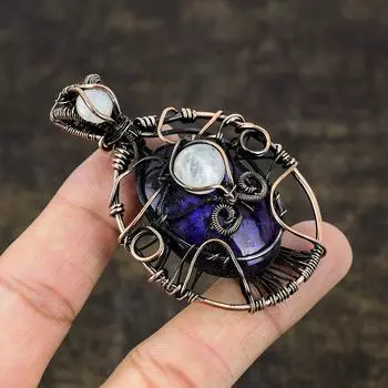 Подвеска из медной проволоки с натуральным синим лабрадоритом и лунным камнем, длина 2,8 дюйма, m6d68